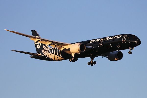 An Air New Zealand Boeing 787-9 in black livery preparing to land at Perth Airport
