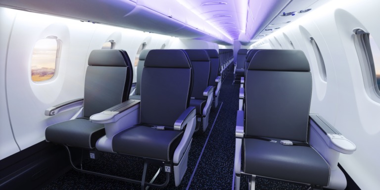 The CRJ550 cabin (not the GoJet design). Bombardier views this model as the only aircraft in North America that can replace the existing fleet of ageing 50-seaters, a market of more than 700 aircraft