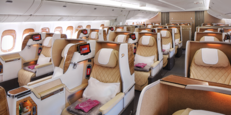 Emirates' retrofitted Boeing 777-200LRs feature a 2-2-2 business class cabin