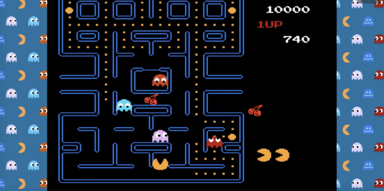 a screen showing the pac man video game