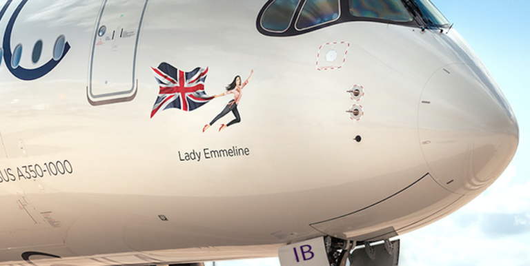 The virgin atlantic a350 named lady emmeline, sitting on the runway