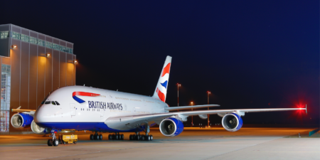 A British Airways A380 parked on the tarmac outside the Lufthansa Technik Philippines facility in Manila