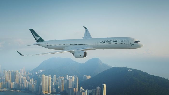 A Cathay Pacific jet flying over Hong Kong harbour