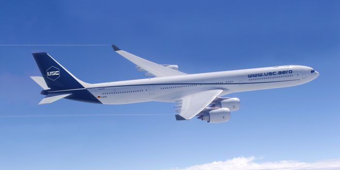 An impression of a USC GmbH Airbus A340 flying