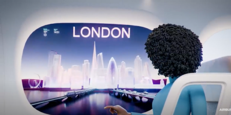 A female passenger looking out of the airplane window, with a view of London superimposed by a screen