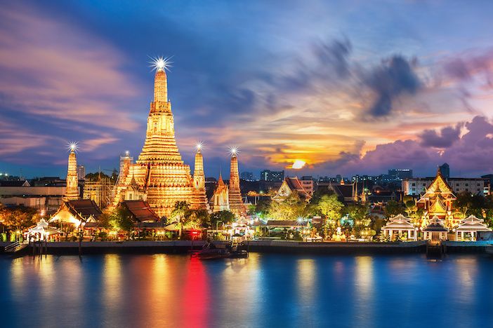 The Wat Arun Temple in Bangkok, illuminated at night