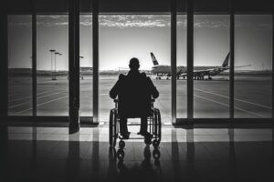 man in wheelchair, waiting for flight departure, with view of the tarmac and planes, created with generative ai