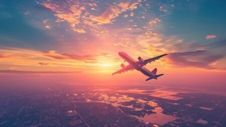 An airplane flying through pink and blue clouds