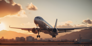 A Boeing 787 taking off at sunset