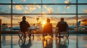 disabled people at the airport enjoying time and looking forward to flying for a relaxing holiday