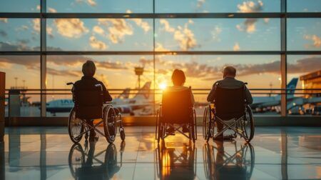 disabled people at the airport enjoying time and looking forward to flying for a relaxing holiday