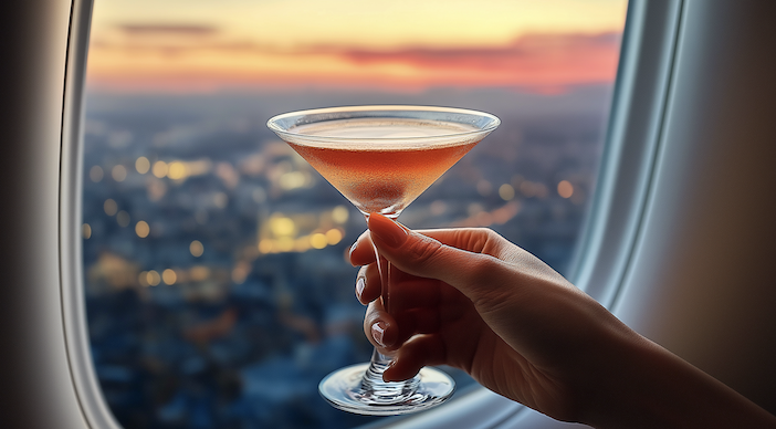 A female passenger's hand holding a martini glass with orange liquid in front of an airplane window