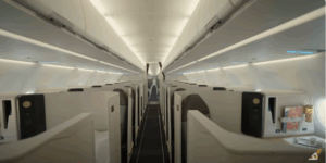 A view down the first class aisle of the Etihad Airways airbus A321LR