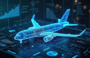 A futuristic hologram interface showing airplane manufacturing