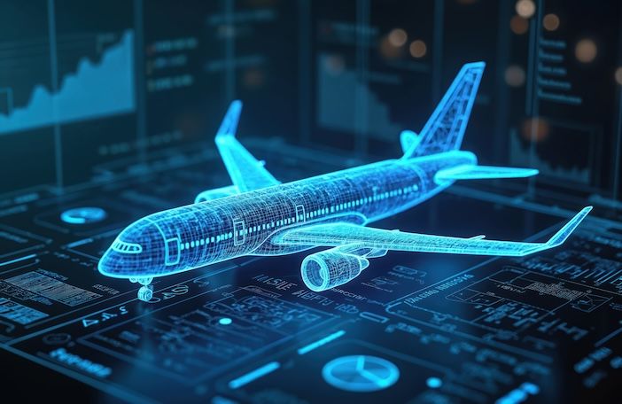 A futuristic hologram interface showing airplane manufacturing