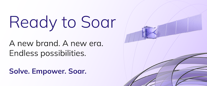 An example of the new SES branding, featuring the tagline ‘Solve. Empower. Soar.'