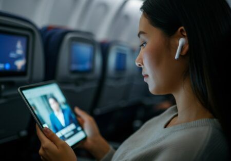 Asian woman working on tablet with earbuds on airplane with in-flight entertainment