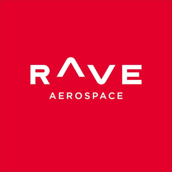 The RAVE Aerospace logo, with RAVE in large white capital letters and Aerospace in smaller white capital letters below, against a bright red background