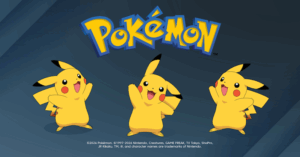 A graphic showing Pikachū, a yellow mouse with a lightning bolt tail, in three different poses against a black background