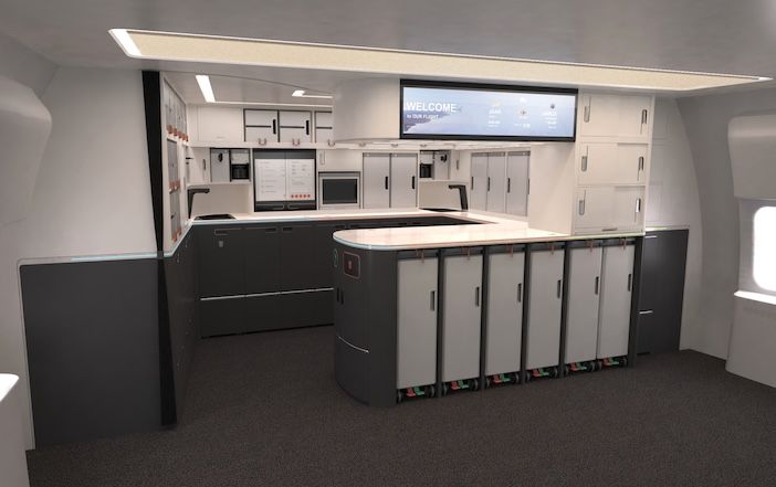 The C-Galley is C-shaped, creating a wraparound work area for crew