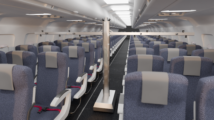 ZAL's Automated Quality Inspection system, with a tall sensor pole on a robotic platform moving down an aircraft aisle