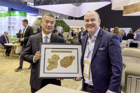 Tao Zhu, chairman of Hainan Airlines, meeting with Keith Anderson, CEO of Thompson Aero Seating, at Aircraft Interiors Expo (AIX) in Hamburg