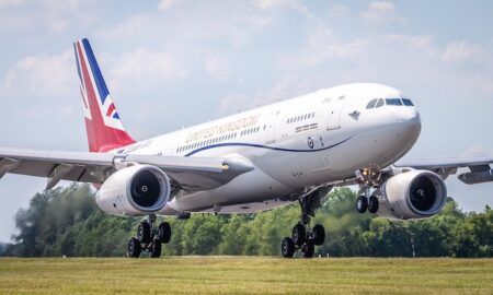 Plans progress to create a £100m UK aerospace supply chain fund Image shows ZZ336, the RAF's VIP Voyager (Vespina), landing and taxiing into RAF Brize Norton. The white plane has a union flag on the tail, and United Kingdom across the side