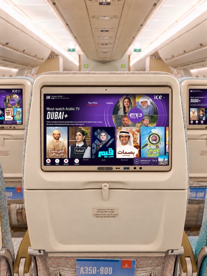 The image shows Emirates’ award-winning ice inflight entertainment system featuring ice Opera House, a specially curated collection of full-length opera, ballet and symphony performances.